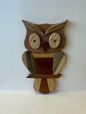 Handcrafted Brown Wood Marquetry Owl Decor Rustic Cabin Country Chic Boho.